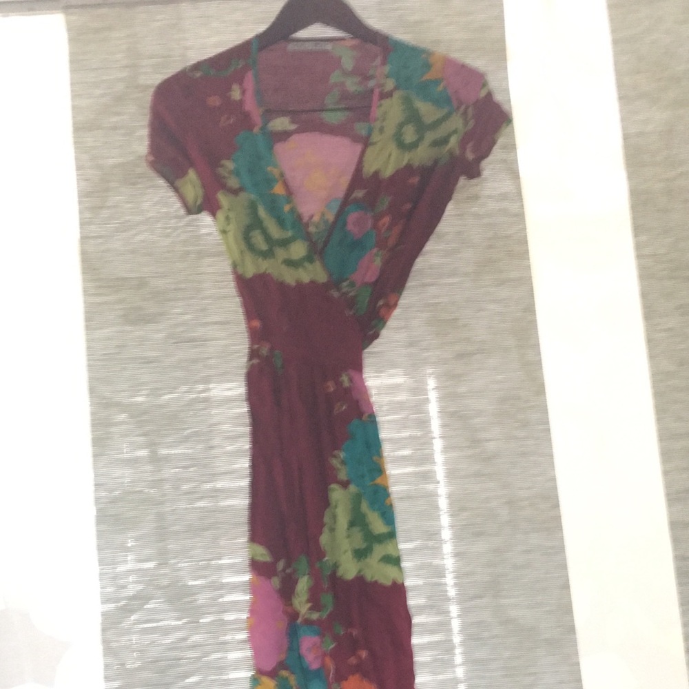 Red Gardner print, wrap midi dress.